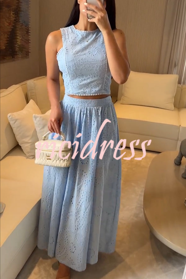 Kaya Embroidery Hollow Lace Back Smocked Tank and Elastic Waist A-line Maxi Skirt Set