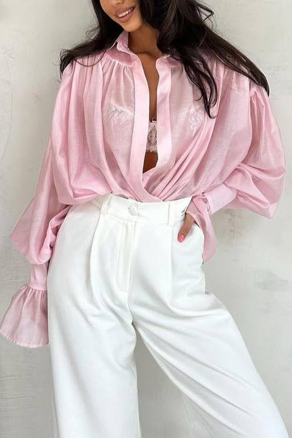 Solid Color Loose See-through Long-sleeved Casual Shirt