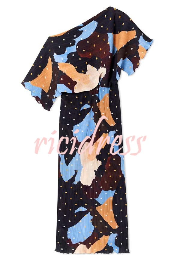 Mara Pleated Fabric Metallic Speckled Color Block Print One Shoulder Maxi Dress