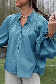 Solid Color V-neck Ruffled Lantern Sleeve Loose Casual Shirt