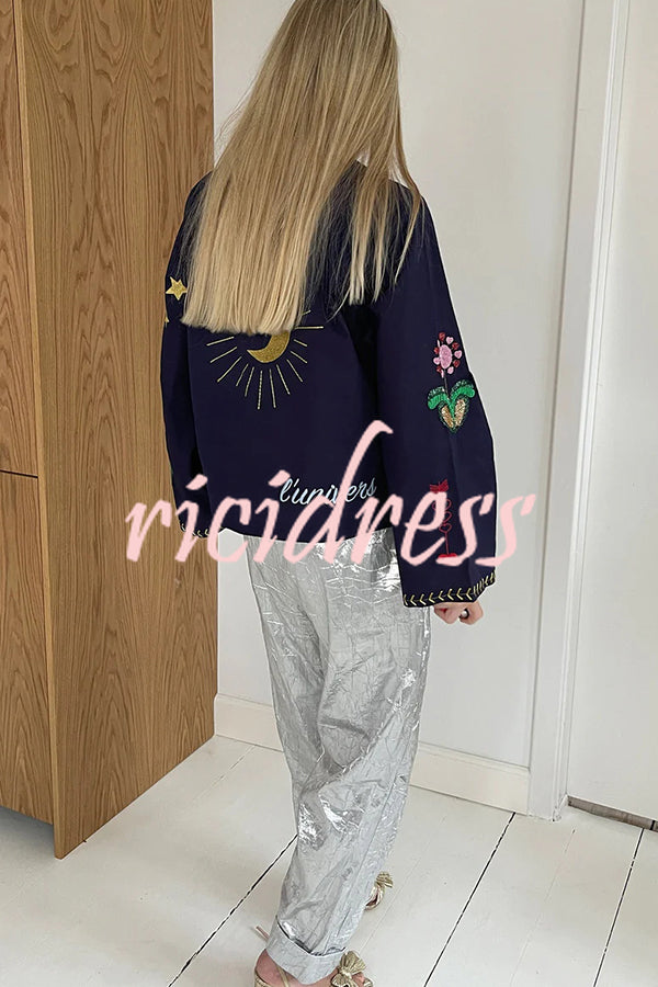 Fashionable Embroidered Lace-up Long-sleeved Loose Top