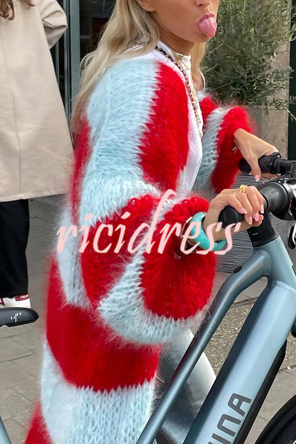 Fashionable Contrast Stripes Lazy Style Loose Long Knitted Cardigan