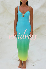 Sirene Sequin Unique Gradient Print Starfish Brooch Cutrout Slit Stretch Maxi Dress