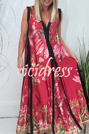 Vanna Unique Tropical Print Black Patchwork Detail A-line Maxi Dress