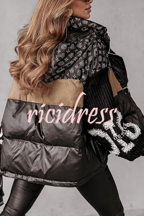 Stylish Denim Knit Long-sleeved Patchwork Hooded Pocket Thickened Jacket