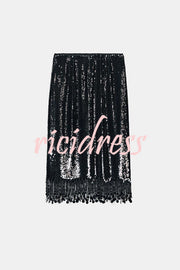 City Queen Sequin Tassel Round Pieces High Rise Back Zipper Midi Skirt