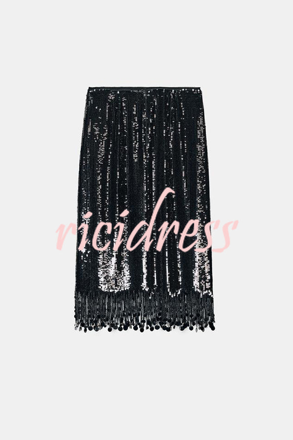 City Queen Sequin Tassel Round Pieces High Rise Back Zipper Midi Skirt