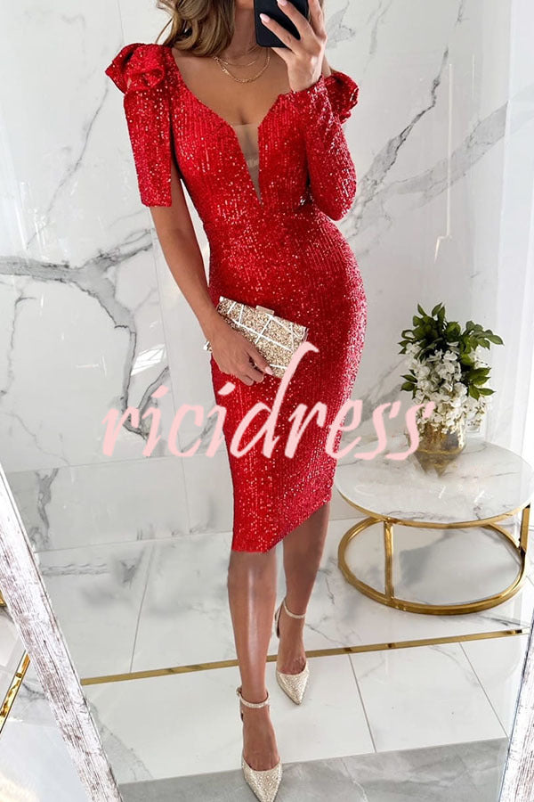 Impossible To Ignore Sequin Ruffled Design One Shoulder Stretch Midi Dress