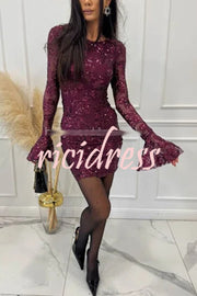 Deep and Dazzling Floral Texture Sequin Long Bell Sleeve Open Back Mini Dress
