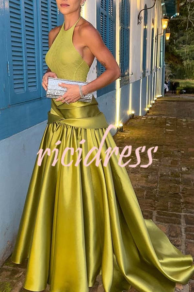 Grand and Shining Knit Patchwork Ruched Satin Halter Stretch Maxi Dress