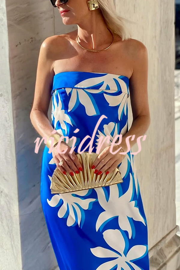 Fashion Vacation Satin Unique Print Off Shoulder Maxi Dress