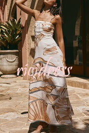 Daje Linen Blend Unique Print Round Hollow Trim Tie-up Bust Slip Maxi Dress