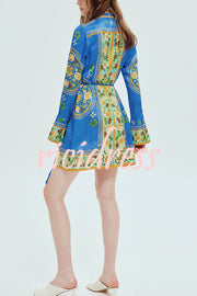 Katia Satin Unique Print Shaped Collar Tie-up Waist Shirt Mini Dress