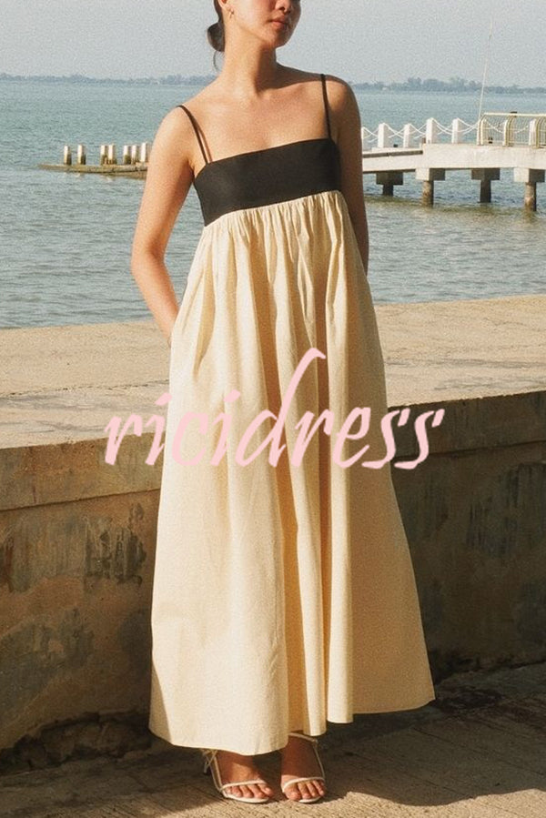 Linen Blend Sexy Sling Backless Contrast Maxi Dress