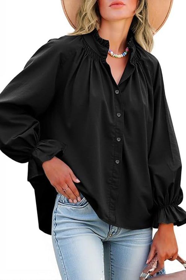 Solid Color V-neck Ruffled Lantern Sleeve Loose Casual Shirt