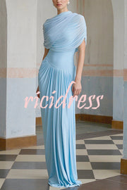 Elegant Mesh Cape-style Pleated Draped Maxi Dress