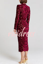 Diane Velvet Embroidered Floral Lace Long Sleeve Belt Scallop Edge Midi Dress