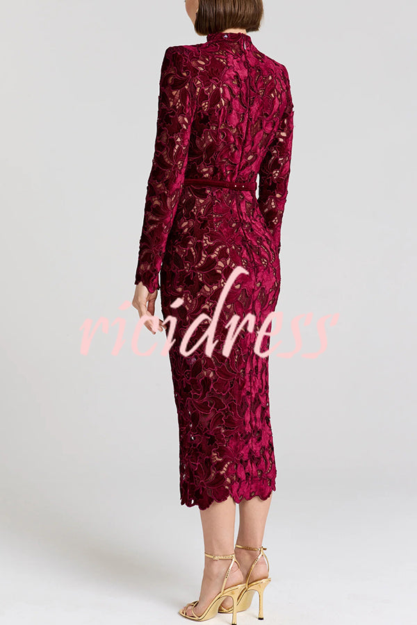 Diane Velvet Embroidered Floral Lace Long Sleeve Belt Scallop Edge Midi Dress