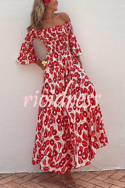 Close To The Vacation Floral Print Smocked Off Shoulder Pocketed Maxi Dress