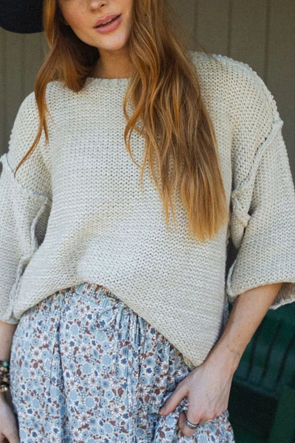Solid Color Loose Round Neck Long Sleeve Casual Knitted Sweater
