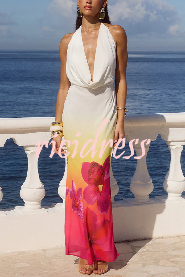 Perfect Feminine Look Floral Print Halter Cowl Neck Maxi Dress