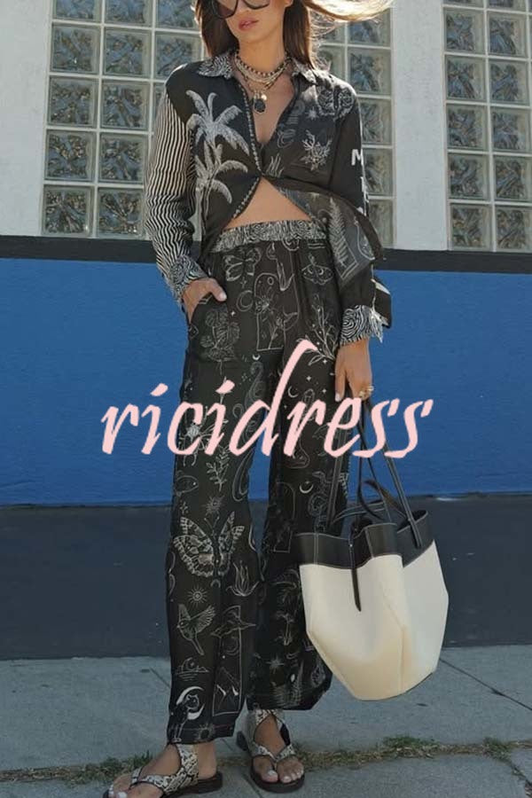 Black Magic Satin Unique Print Long Sleeve Blouse and Elastic Waist Pocket Wide Leg Pants Set