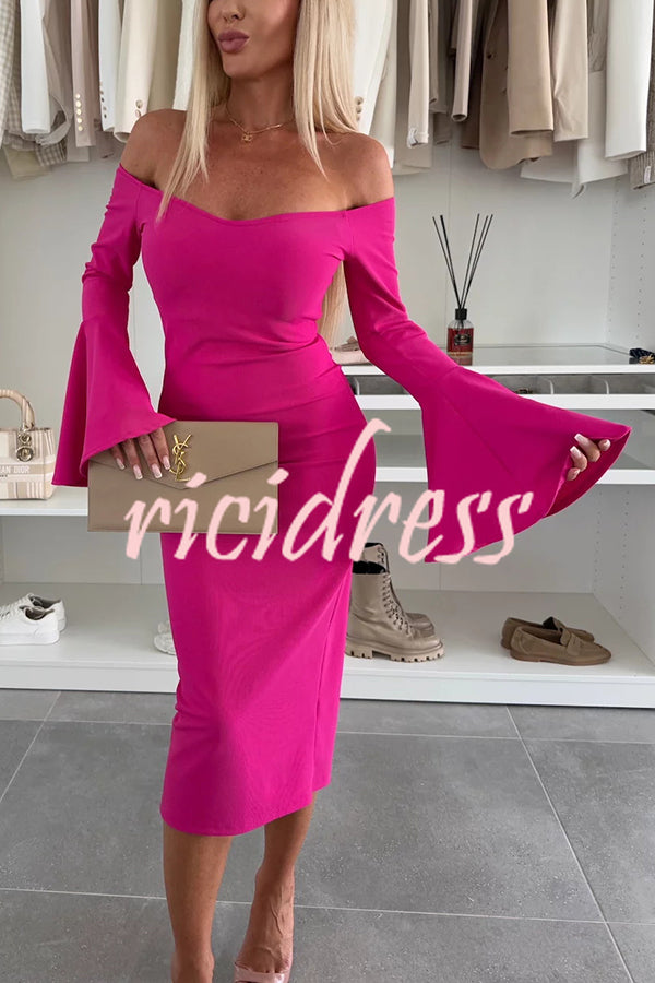 Solid Color Sexy Off-shoulder Trumpet Sleeve Slim Midi Dress