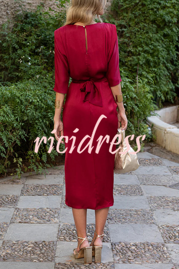 Satin Solid Color Round Neck Half Sleeve Waist Midi Dress