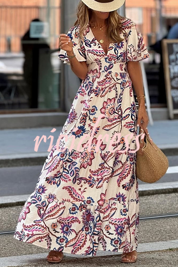 Unique Print V-Neck Waist Holiday Maxi Dress