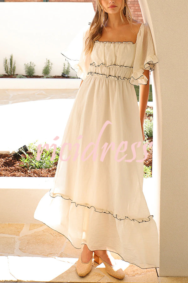 Fashion Square Neck Open Back Pleated Waist Maxi Dress