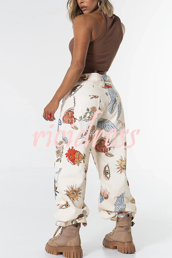 Angel Wings Denim Unique Print Mid Rise Pocket Loose Pants