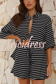 Stripe Print Lapel Short-sleeved Shirt Top and Elastic Waist Loose Shorts Set