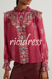 Unique Printed Chiffon Long-sleeved Loose Shirt and Elegant Ruffled Maxi Skirt Set