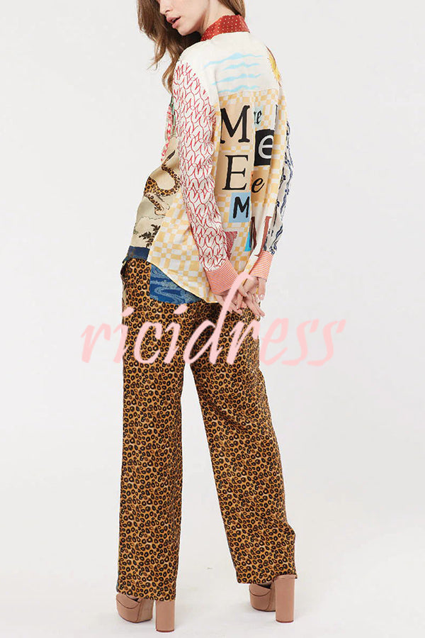 Tropical Jungle Tiger Unique Print Long Sleeve Loose Shirt and Elastic Waist Pants Set