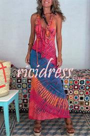 Tarik Tie-dye Print Ruffle Neck Halter Lace-up Backless Stretch Maxi Dress