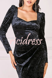 Solid Color Velvet Long-sleeved Slim-fit Slit Midi Dress