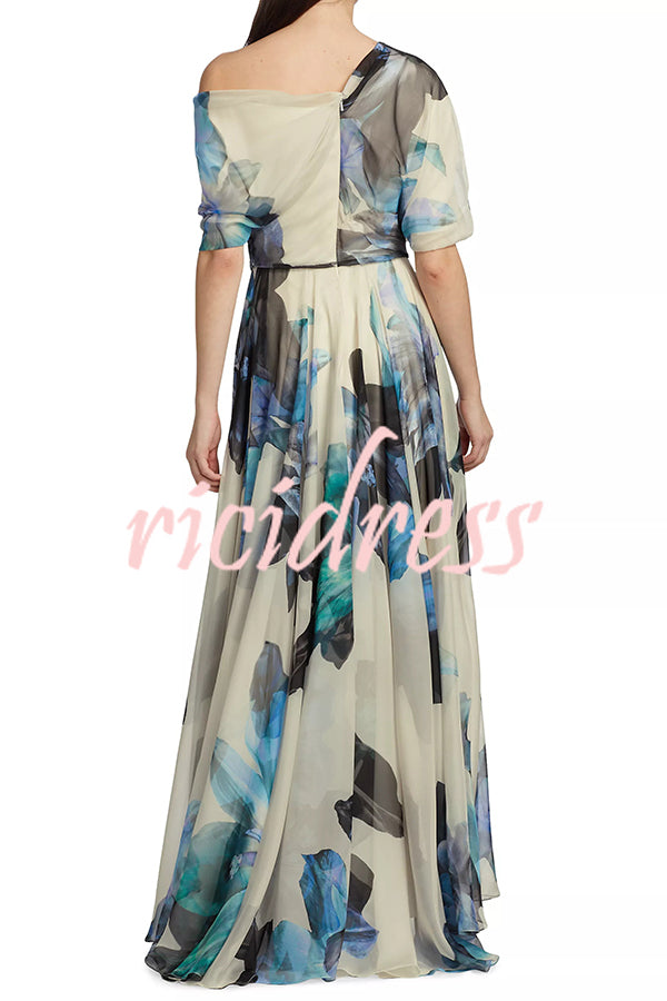 Unique Printed Bohemian Short-sleeved One-shoulder Maxi Dress