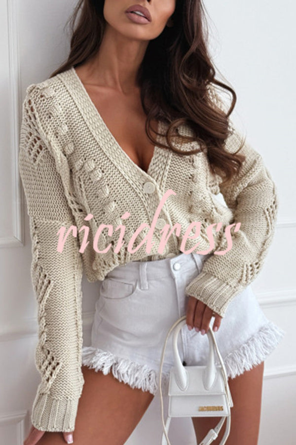 Fashion Hollow Long Sleeve V-neck Button Loose Knitted Cardigan