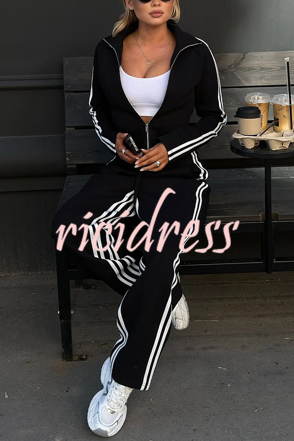 Fashionable Sports Style Striped Long-sleeved Jacket and Elastic Waist Casual Pants Set