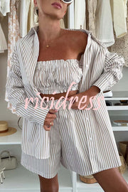 Zoie Striped Stretch Bandeau + Elastic Waist Pocket Shorts + Oversized Blouse 3 Pieces Set