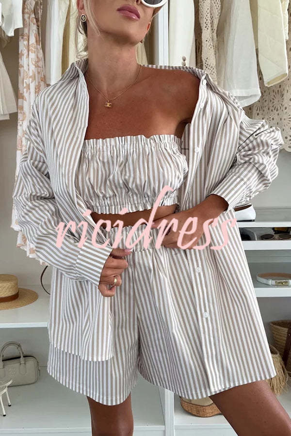 Zoie Striped Stretch Bandeau + Elastic Waist Pocket Shorts + Oversized Blouse 3 Pieces Set
