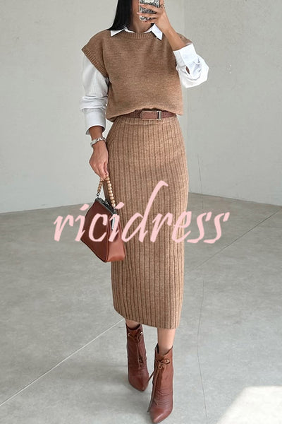 Triko Knit Short Sleeve Sweater and Stretch Ribbed Midi Skirt Set