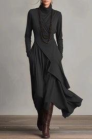 Solid Color High-neck Long-sleeved Irregular Casual Maxi Dress