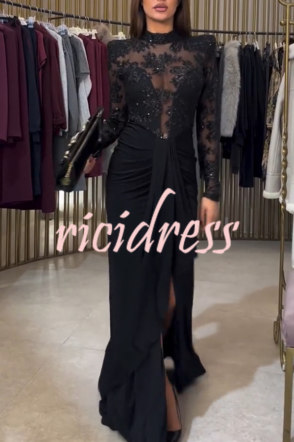 Fenna Sheer Floral Sequin Shoulder Pads Long Sleeve Drape Slit Maxi Dress