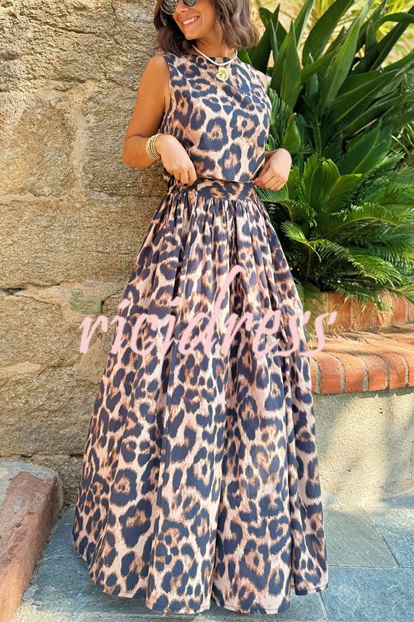 Lisa Leopard Print Back Tie-up Tank and Elastic Waist Pleated A-line Maxi Skirt