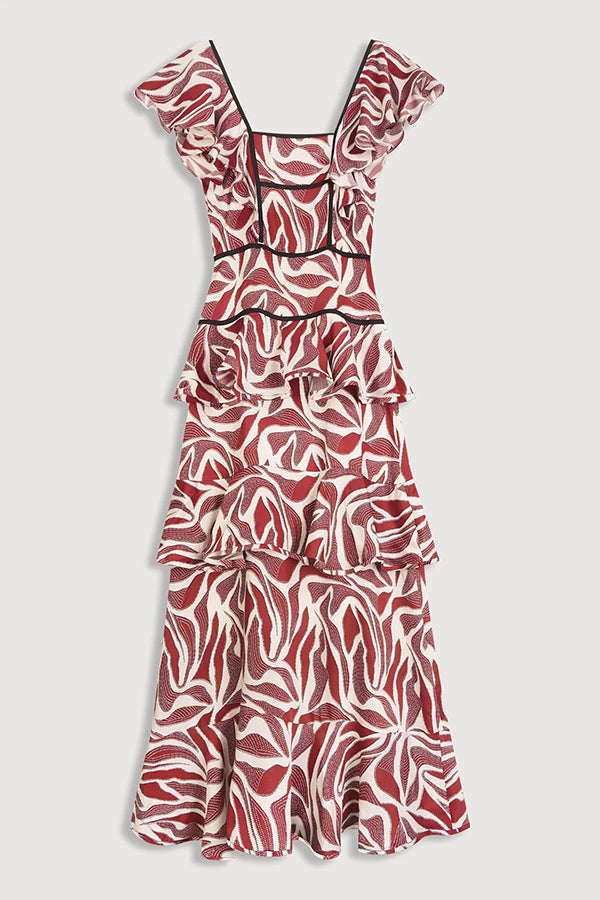 Unique Print Square Neck Ruffle Holiday Maxi Dress
