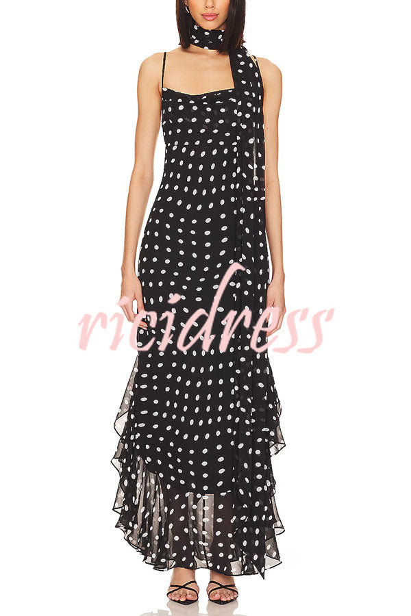 Kaylee Chiffon Polka Dot Ruffled Tiered Hem Scarf Maxi Dress
