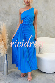 Charming One Shoulder Lace Up Cutout Pleated Maxi Dress