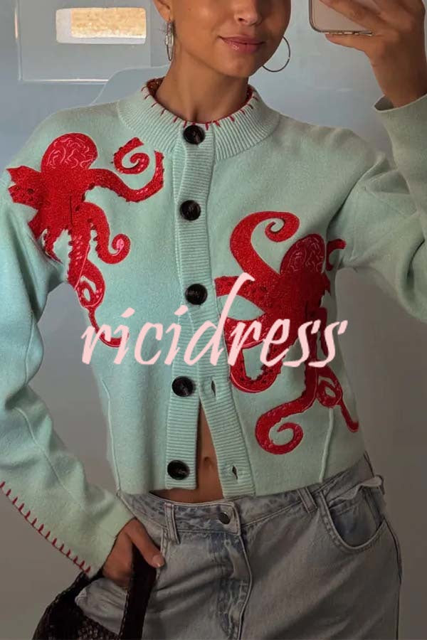 Coastal Fashion Knit Octopus Graphic Contrast Piping Button Up Loose Cardigan