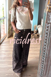 Alboran Knit Organza Flowers Detail Short Sleeve Loose Sweater